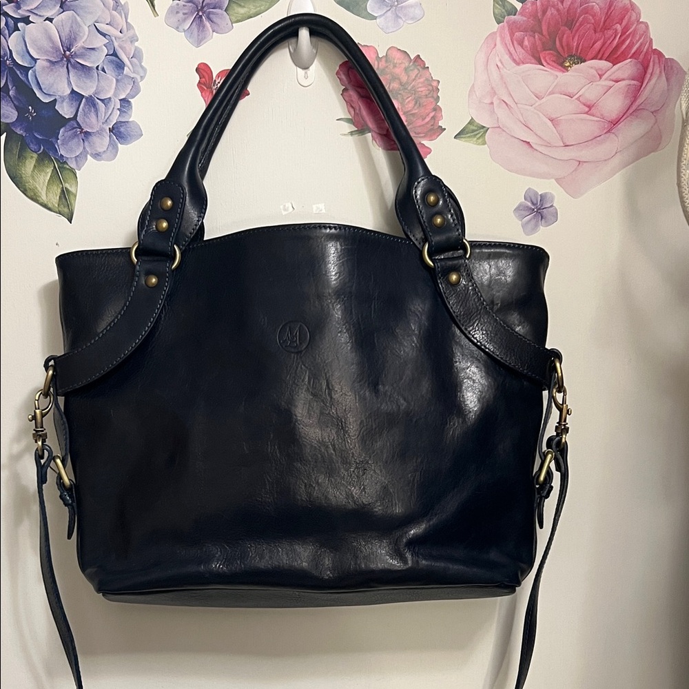 Italian Leather Tote Bag with crossbody strap- Navy